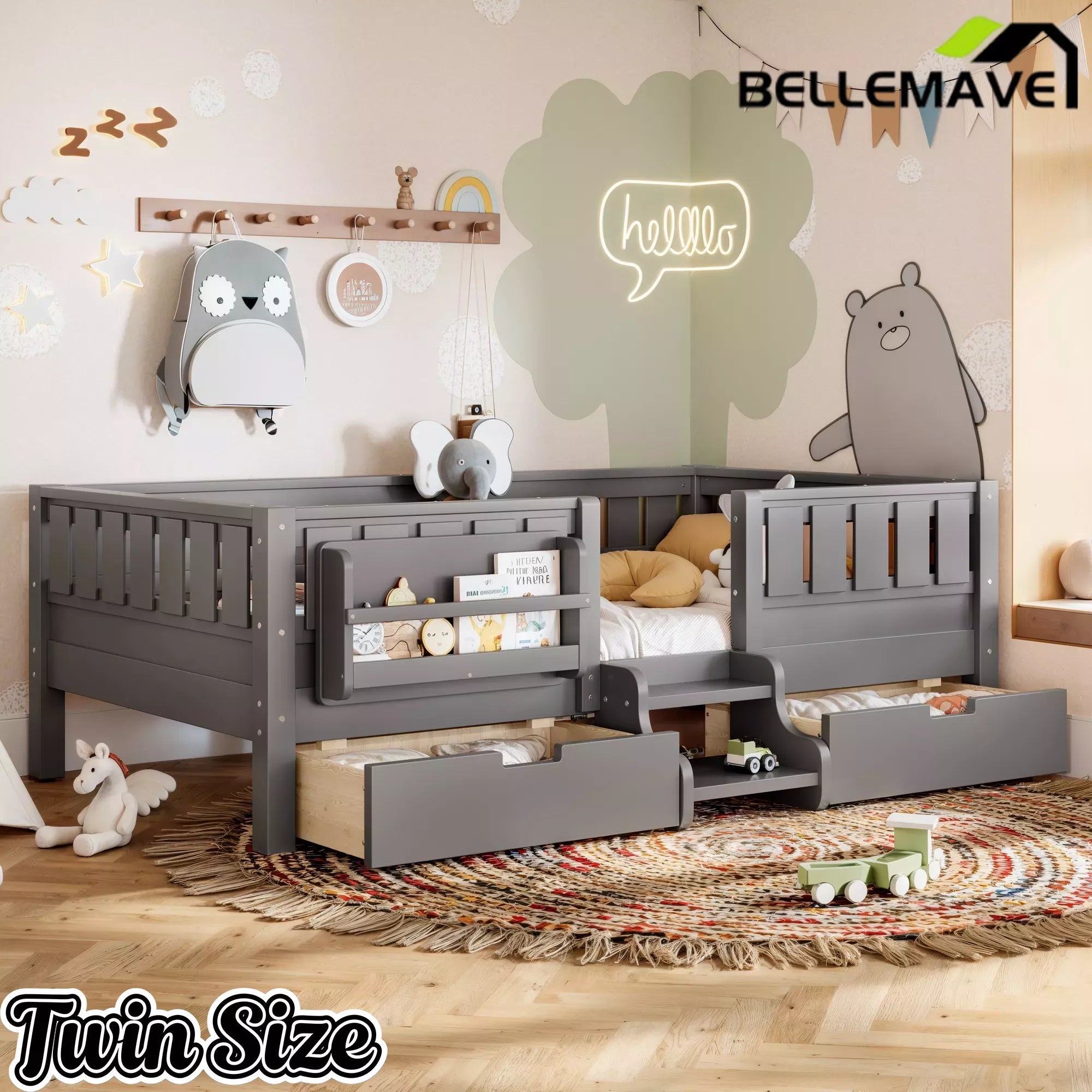 Bellemave® Montessori Bed with Stairs, Rails & Slats, Montessori Floor Bed with Bookshelf & 2 Storage Drawers for Girls & Boys Bellemave®