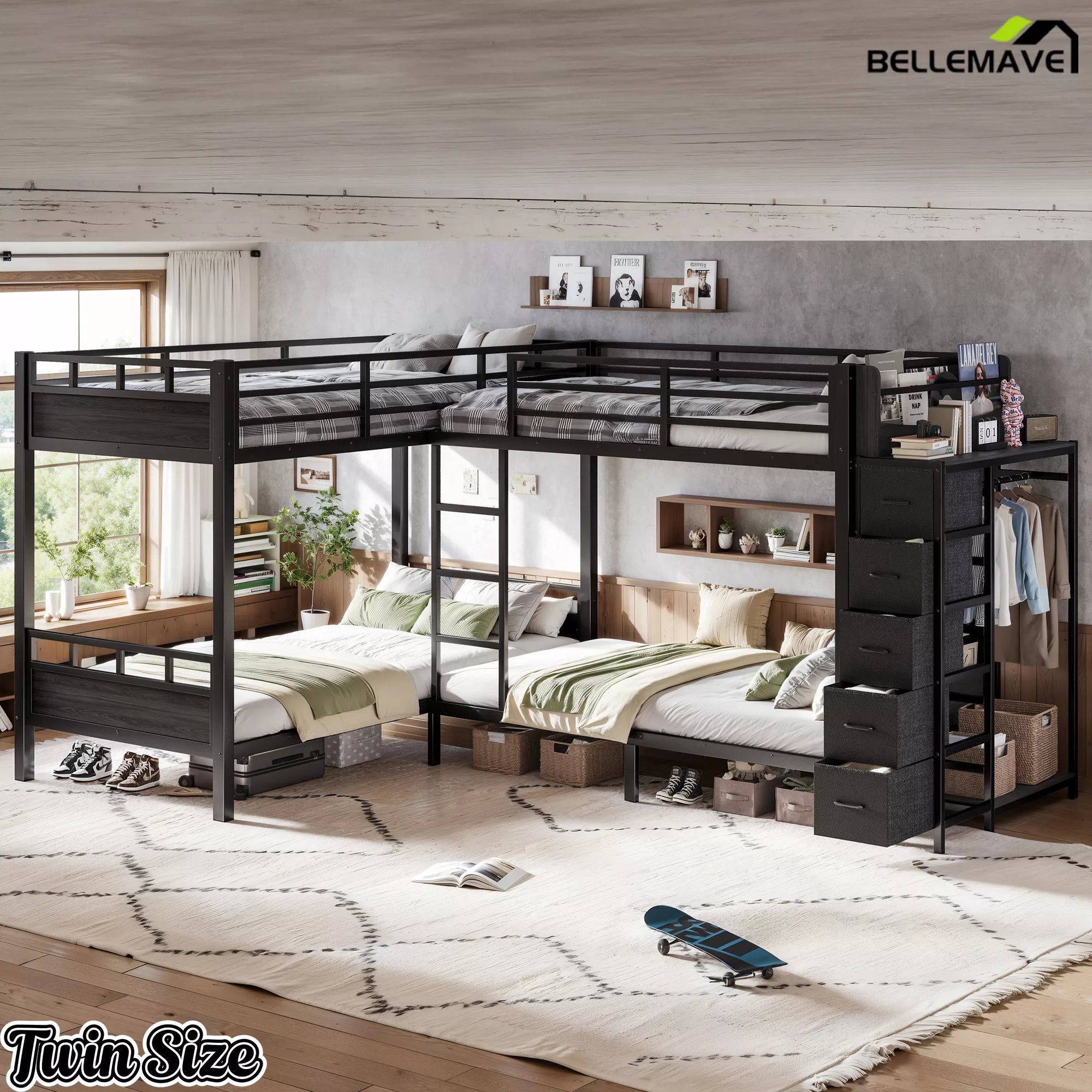 twin size metal bunk bed with storage wardrobe