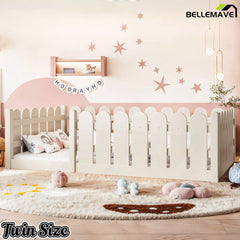 Bellemave® Solid Wood Montessori Floor Bed with Fence Guardrails, Low Profile Kids Floor Bed Frame