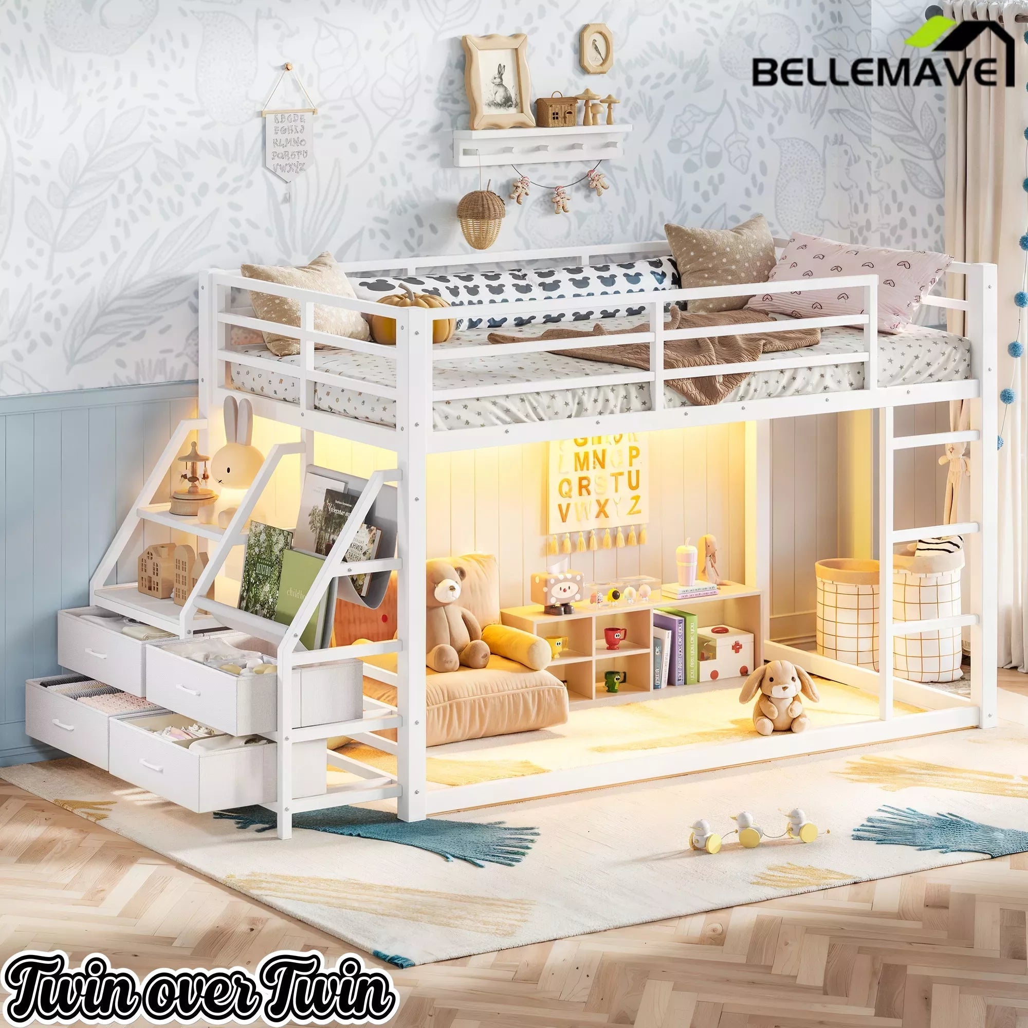 Bellemave® Twin over Twin Bunk Bed with LED, Storage Shelves & Drawer, Metal Floor Bunk Bed for Kids Bellemave®