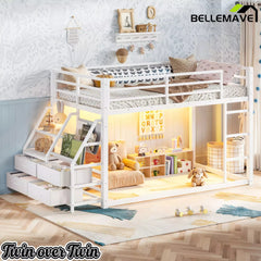 Bellemave® Twin over Twin Bunk Bed with LED, Storage Shelves & Drawer, Metal Floor Bunk Bed for Kids Bellemave®