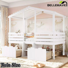 Bellemave® House Bed with Stairs & Storage Drawers for Kids, Wood Low Loft Bed Frame, House-shaped Roof, Childlike Design, Farmhouse Style Bellemave®