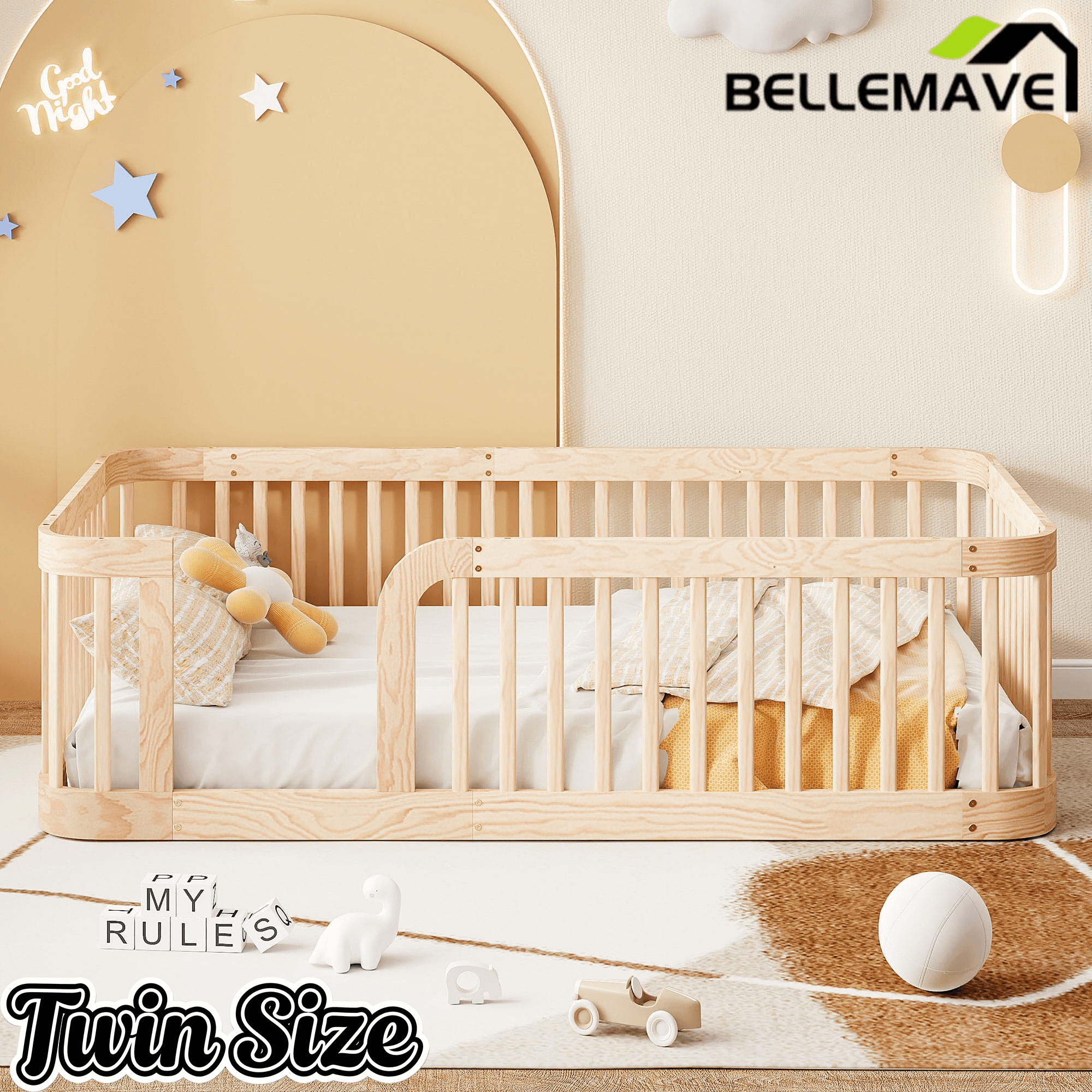 Bellemave® Twin Size Wood Montessori Floor Bed with Fence Bellemave®