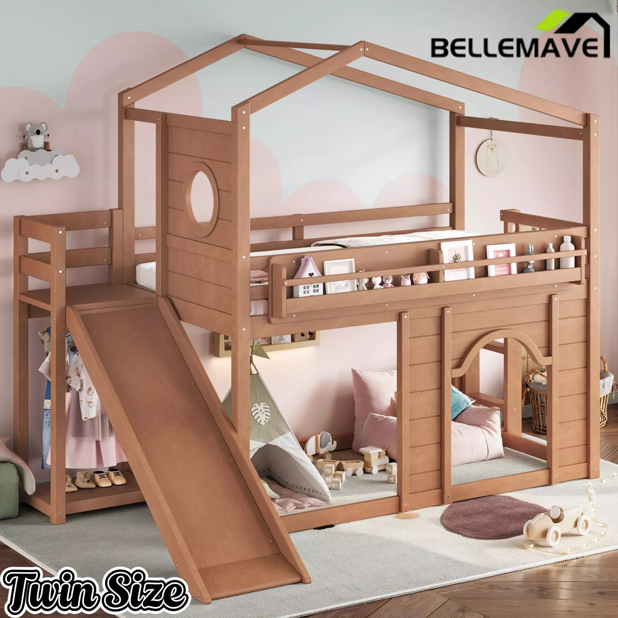 Bellemave® House Loft Bed with Slide, Bookshelves & Built-in Wardrobe | Natural Wood Playhouse Bunk Bed for Kids Bellemave®