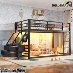 Bellemave® Twin over Twin Bunk Bed with LED, Storage Shelves & Drawer, Metal Floor Bunk Bed for Kids Bellemave®
