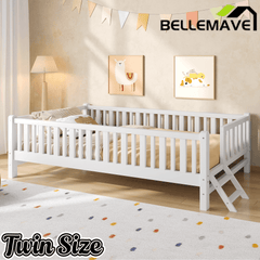 Bellemave® Wood Twin Size Platform Bed with Guardrail, Kids Bed Frame with Stairs Bellemave®
