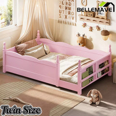 Bellemave® Floor Bed with Bookshelf & Safety Guardrails for Kids, Wooden Montessori Bed Frame with Childlike Design for Girls Boys Bellemave®