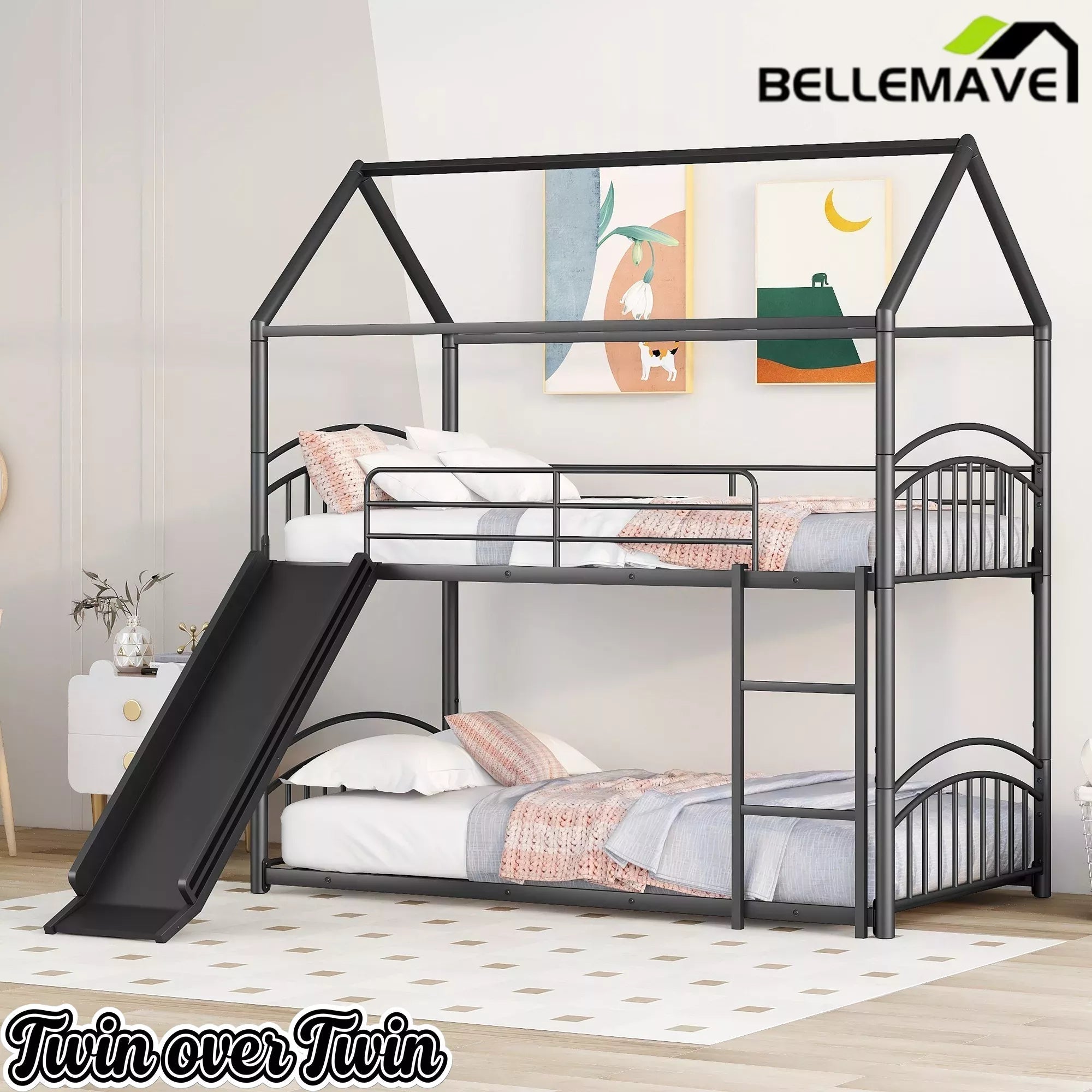 Bellemave® Metal Twin over Twin House Bunk Bed with Slide & Built-in Ladder for Kids Bellemave®