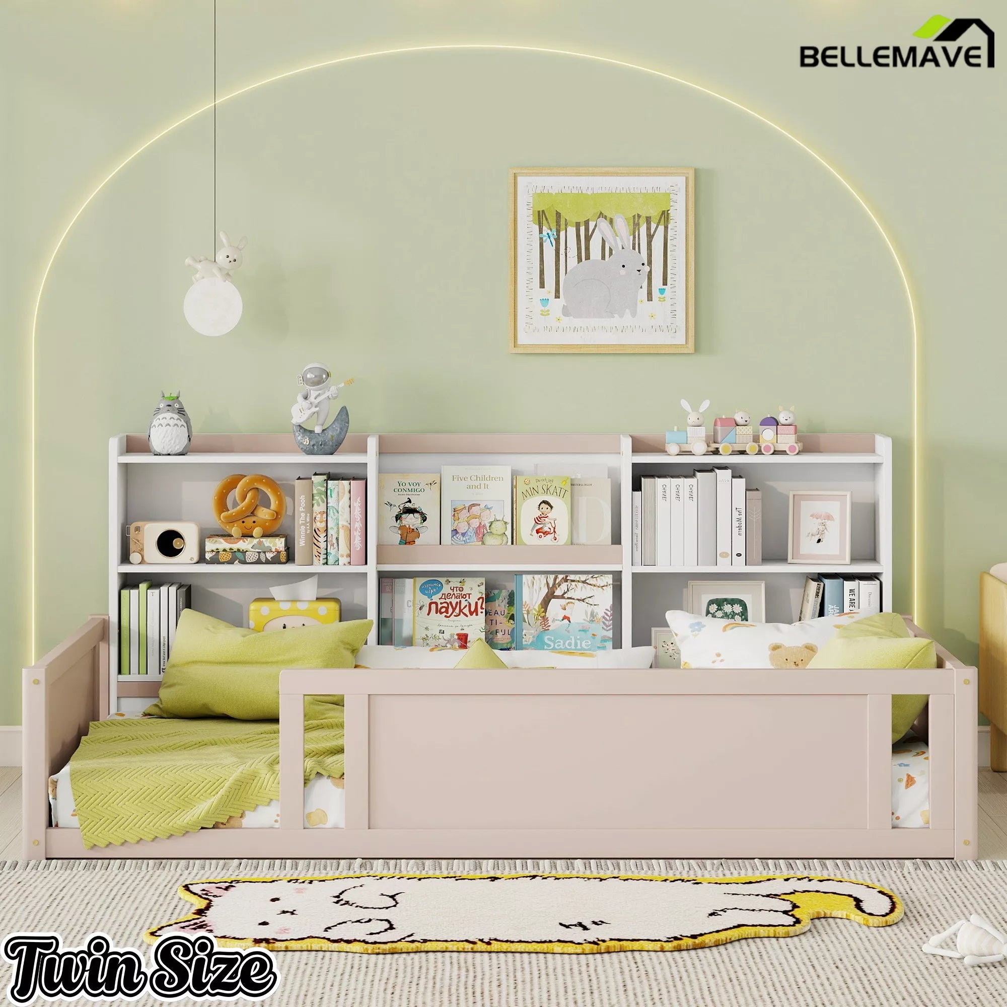 Twin size wooden platform floor bed with safety rails