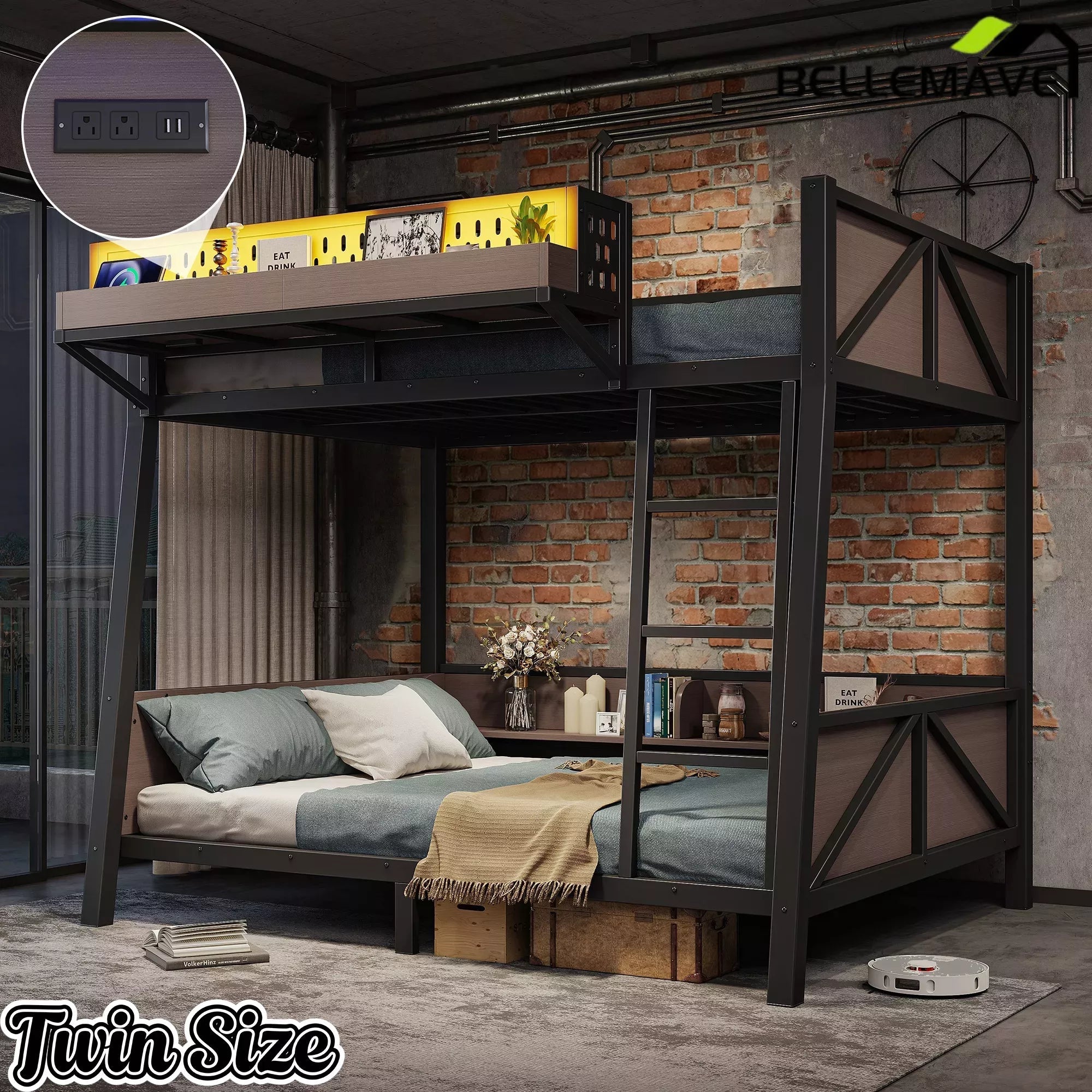 Bellemave® Heavy Duty Metal Bunk Bed Frame with Storage Shelves, LED Lights & USB Ports, Black Bellemave®