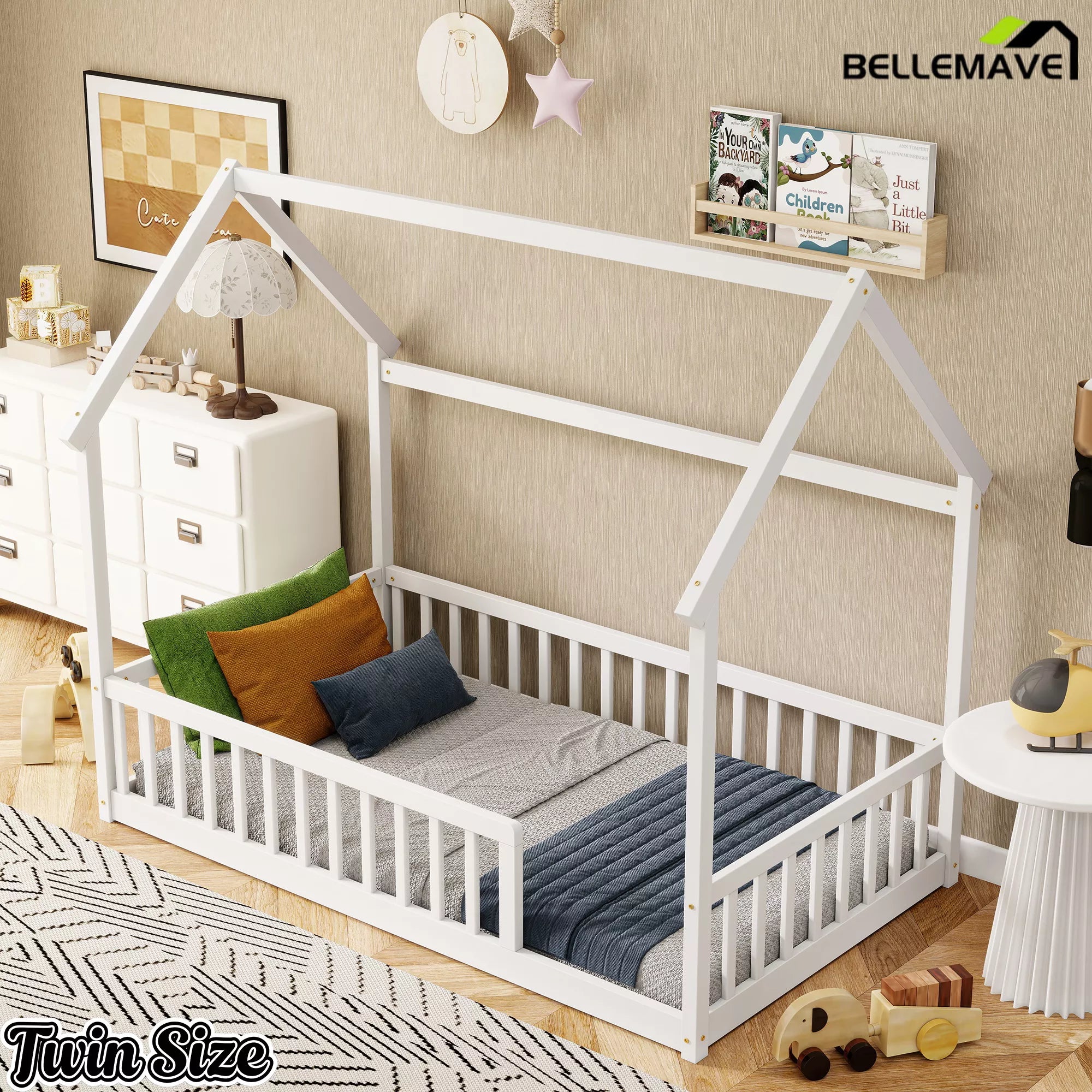 Angle view of Bellemave® white twin floor bed for toddlers