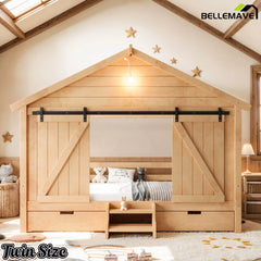 Bellemave® Farmhouse House Bed with Sliding Barn Door, Storage Drawers & Staircase, Wooden Kids House Bed Frame with Light