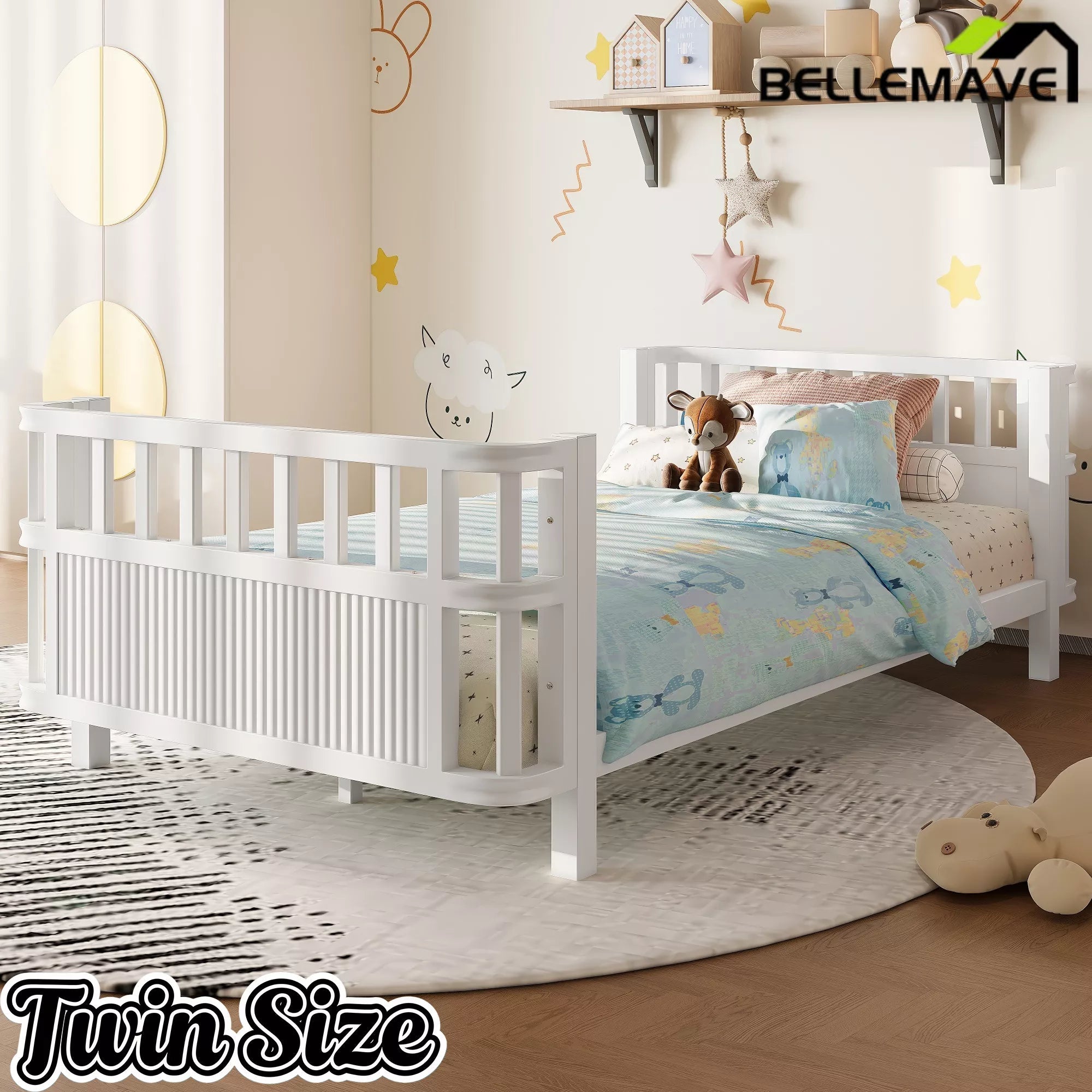Bellemave® Montessori Floor Bed Frame with Removable Safety Rails – Solid Wood Low Profile Platform Bed for Kids Bellemave®