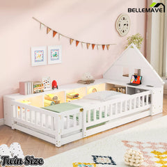 Bellemave® Twin Size Wood Floor Bed with Guardrail, House-Shaped Headboard, Storage Cabinets, LED Light & USB Port, Montessori Kids Bed Frame