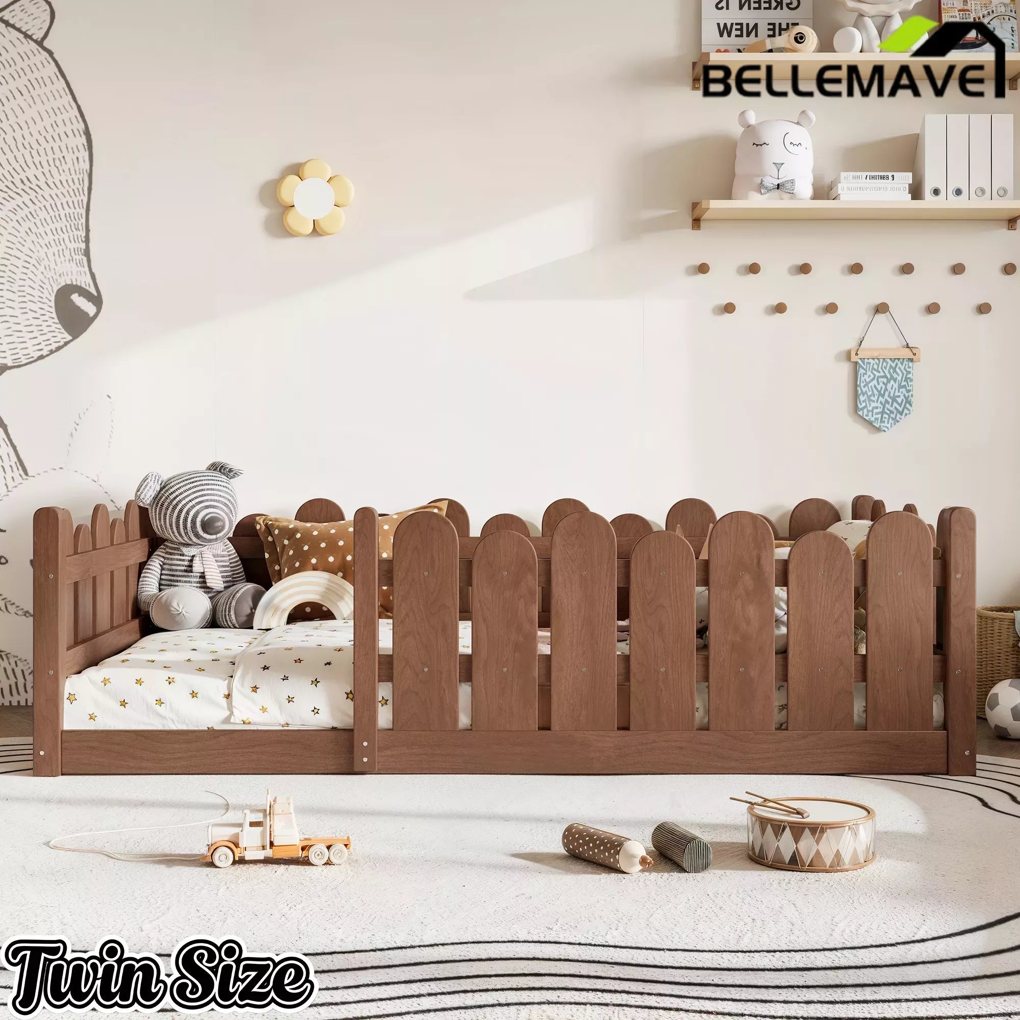 Bellemave® Kids Montessori Floor Bed with Rounded Safety Guardrail,Solid Wood Montessori Bed for Girls & Boys Bellemave®