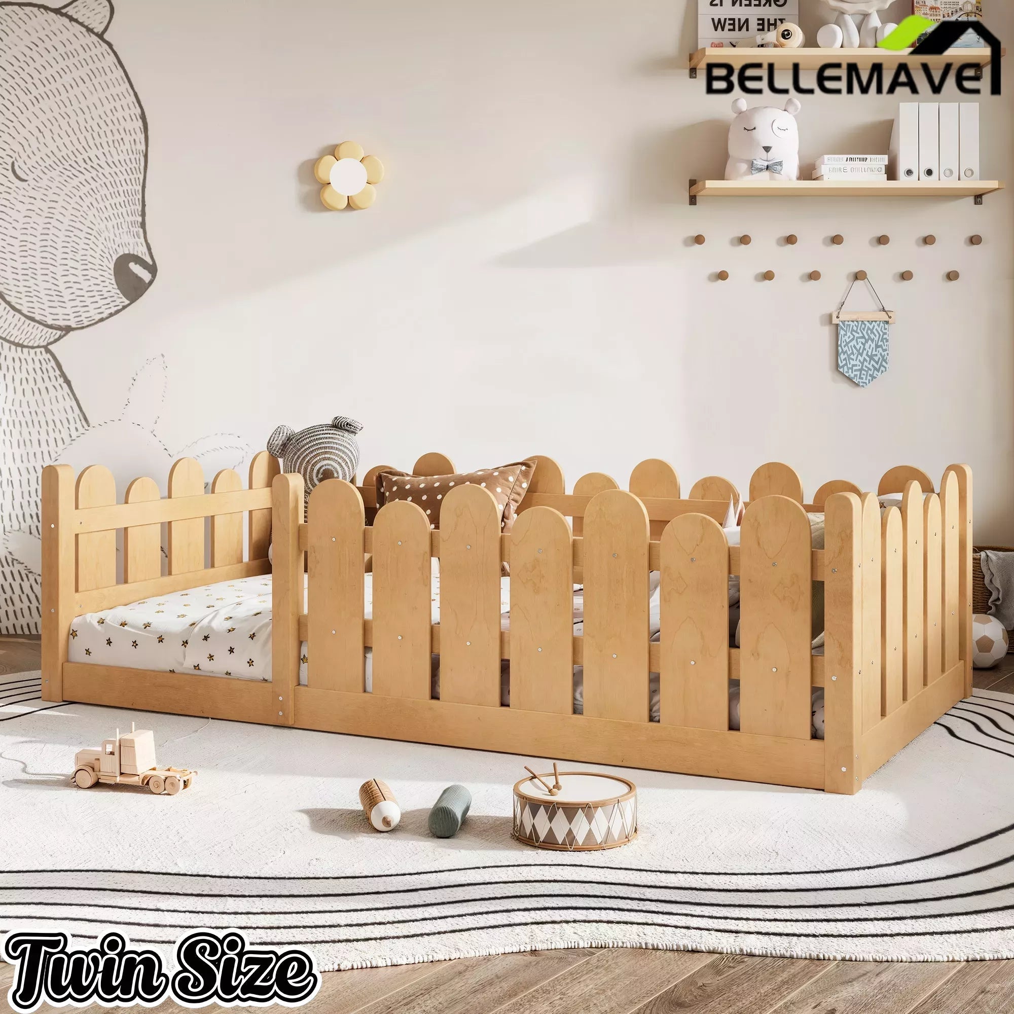 Bellemave® Kids Montessori Floor Bed with Rounded Safety Guardrail,Solid Wood Montessori Bed for Girls & Boys Bellemave®