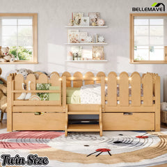 Bellemave® Kids Platform Bed with Guardrail, Bookshelf, Stairs & LED Lights