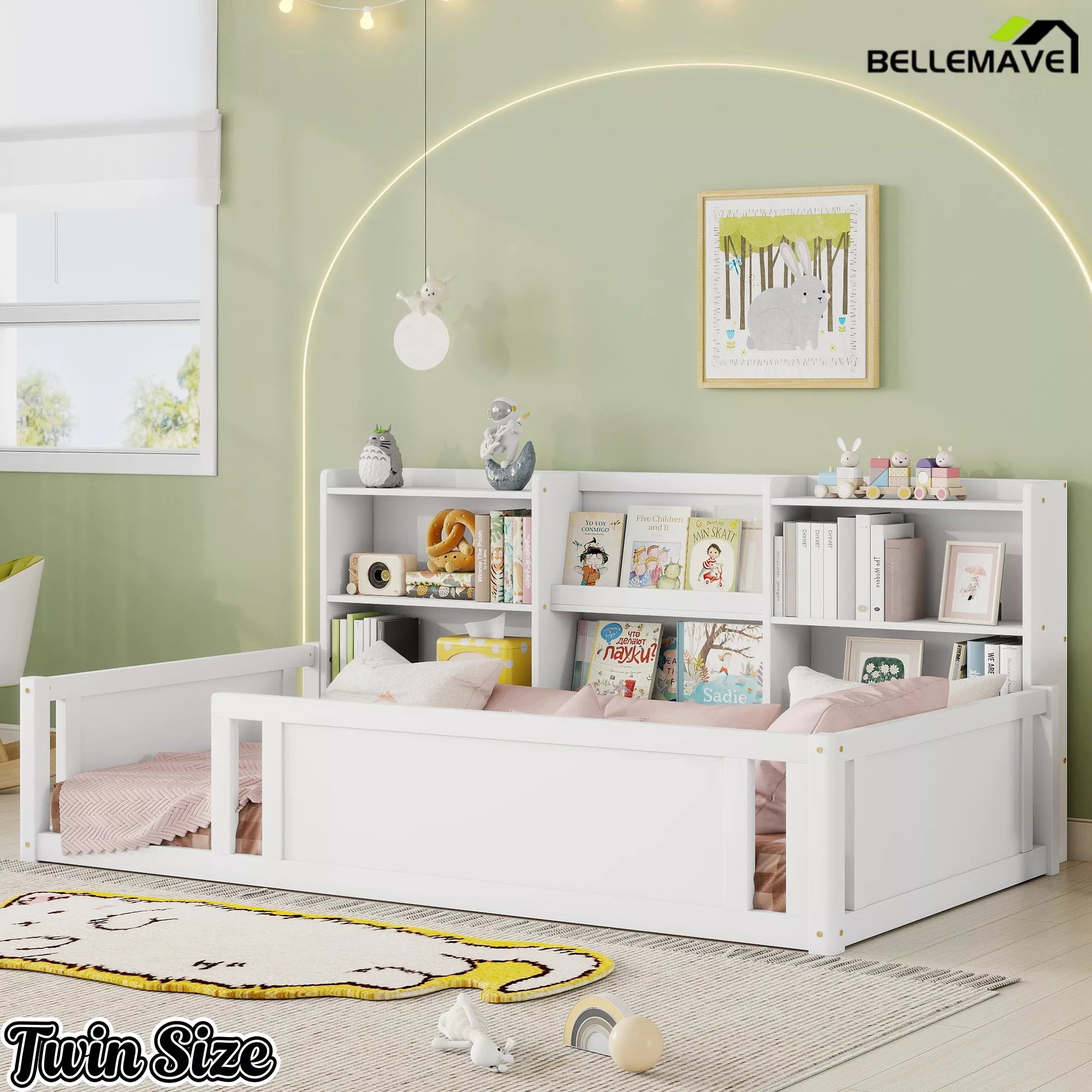 White twin wooden floor bed with side storage shelves
