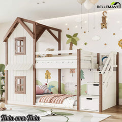 Twin over twin kids bunk bed with closed storage stairs