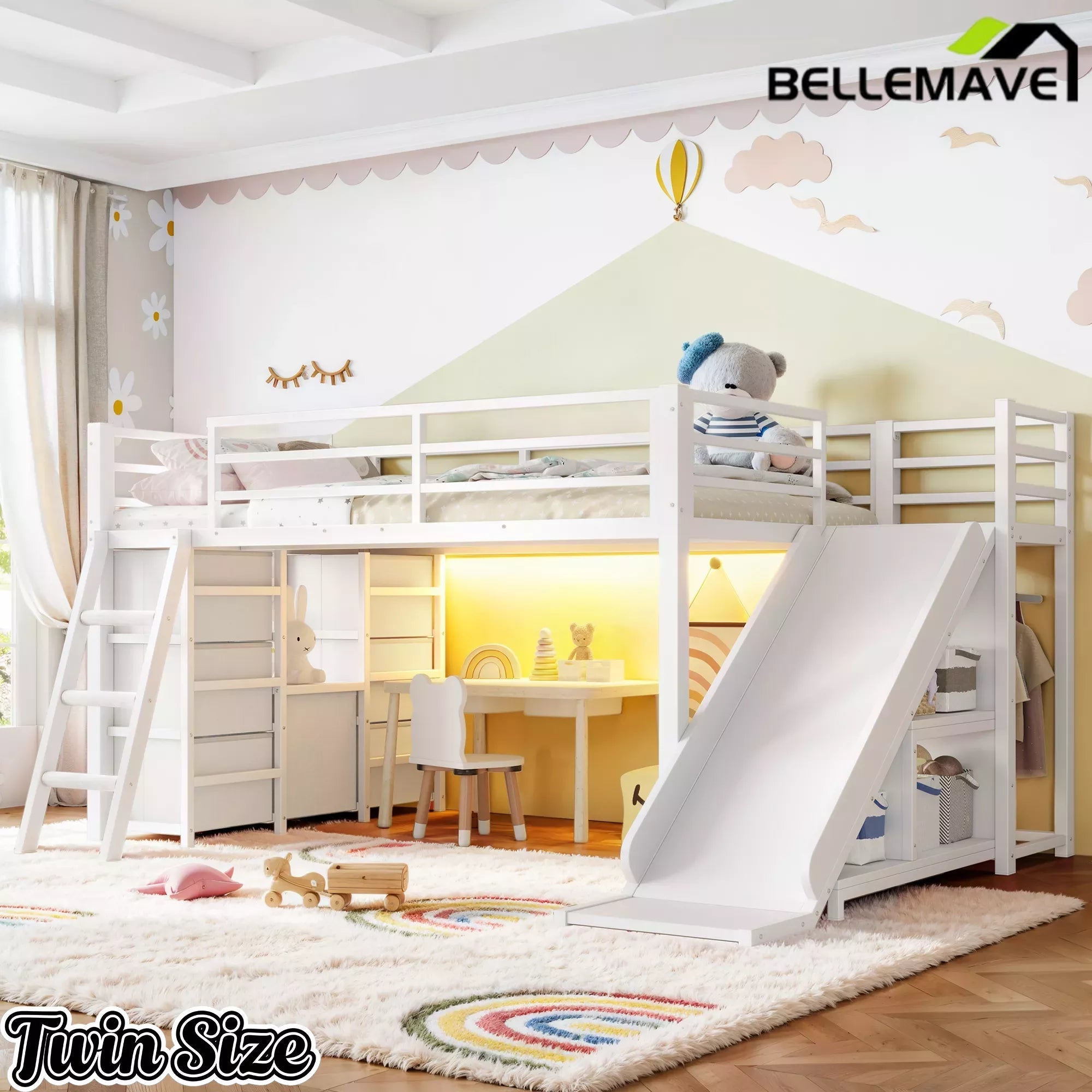 Bellemave® Twin Metal Loft Bed with Slide, 7 Drawers & LED Lights — Storage Shelves & Hanging Area for Kids Bellemave®