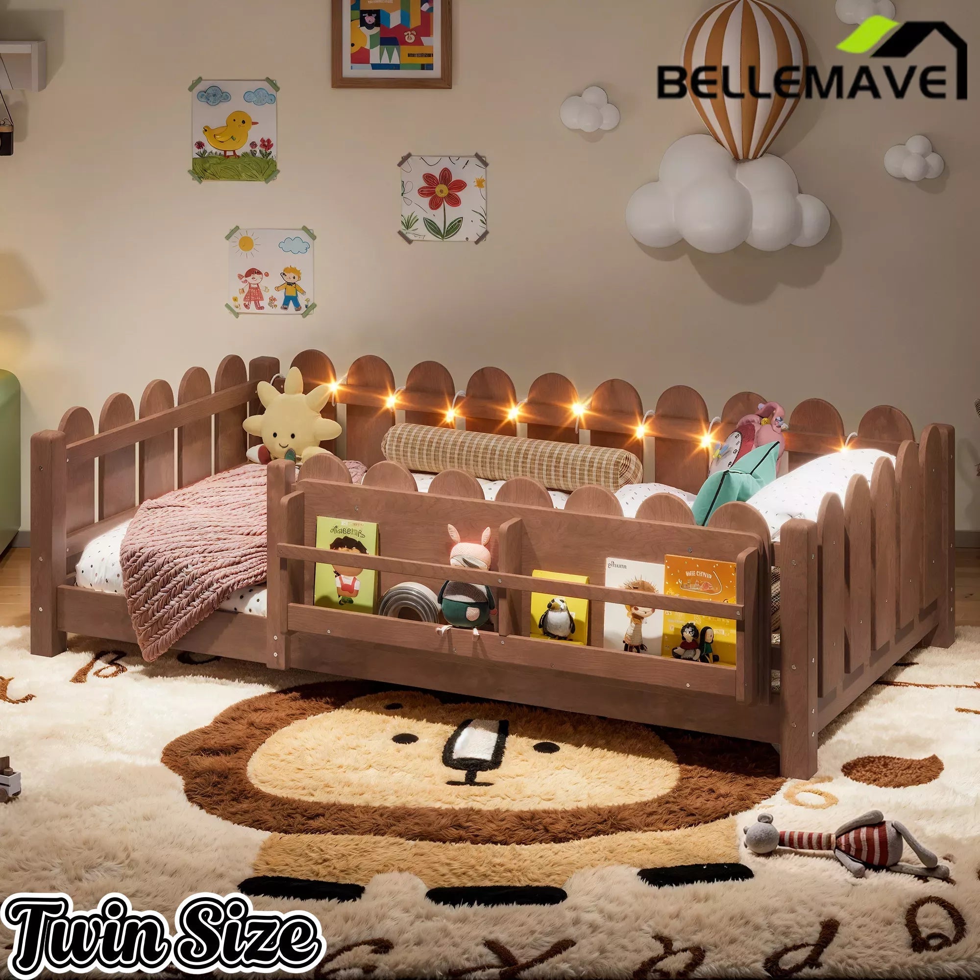 Bellemave® Floor Bed with Rails & Slats, Montessori Floor Bed with Bookshelf, Fence & Lights, Low Profile Montessori Beds Frame for Girls, Boys Bellemave®