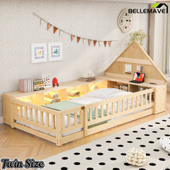 Bellemave® Twin Size Wood Floor Bed with Guardrail, House-Shaped Headboard, Storage Cabinets, LED Light & USB Port, Montessori Kids Bed Frame