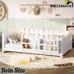 Bellemave® Solid Wood Montessori Floor Bed with High Fence Guardrails, Bookshelf & LED Light, Low Profile Kids Bed Frame Bellemave®