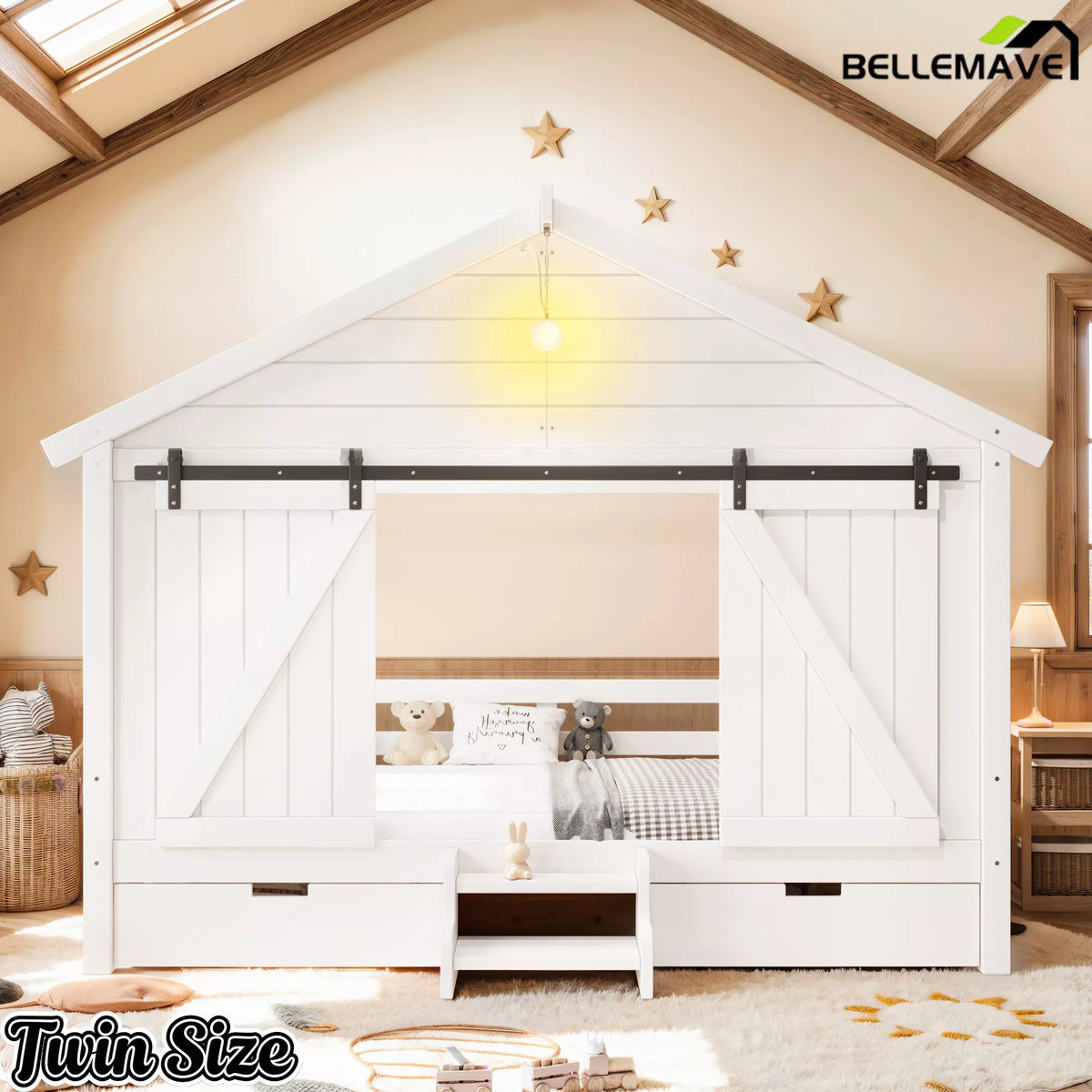 farmhouse house bed with sliding barn door and built in light