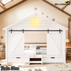 farmhouse house bed with sliding barn door and built in light