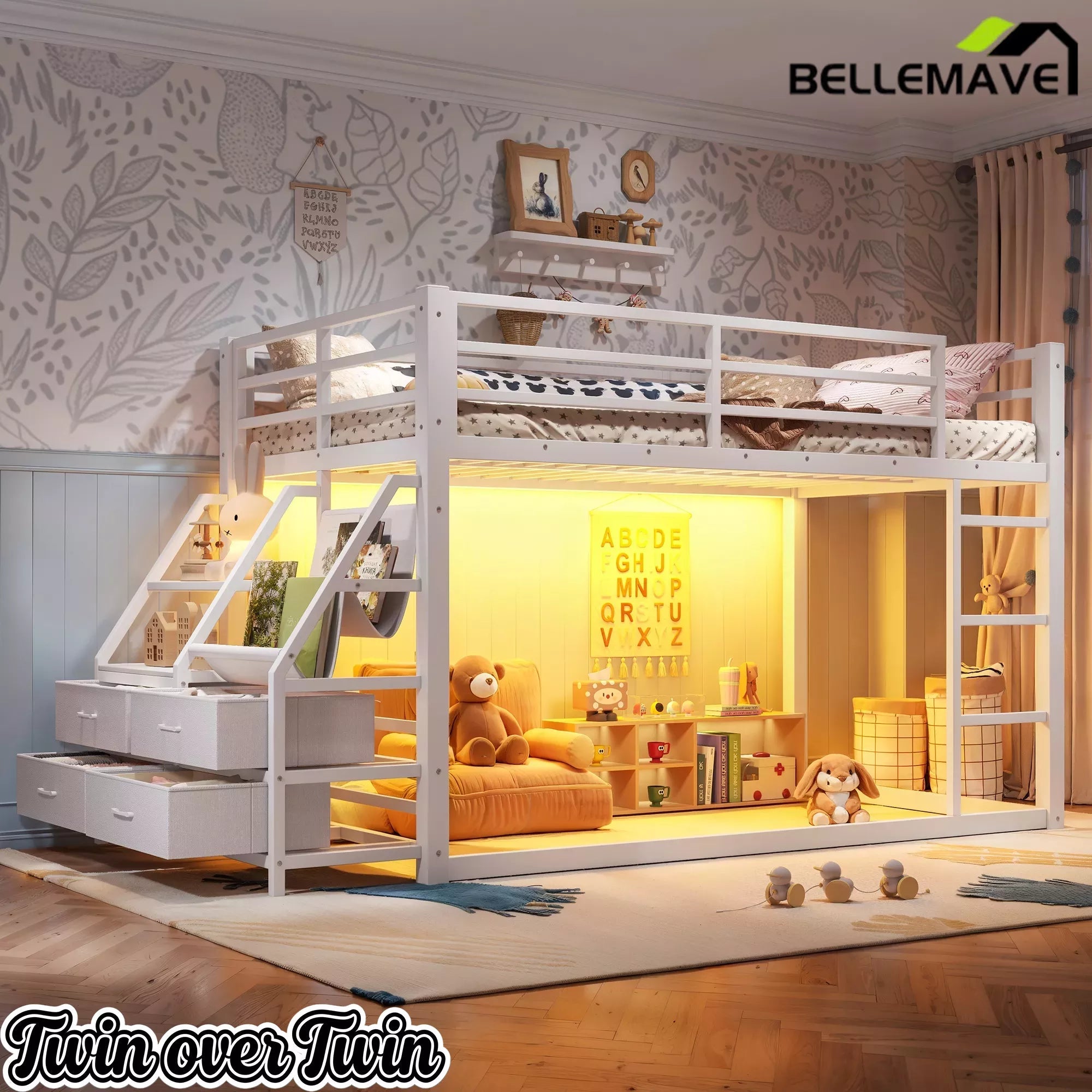 Bellemave® Twin over Twin Bunk Bed with LED, Storage Shelves & Drawer, Metal Floor Bunk Bed for Kids Bellemave®