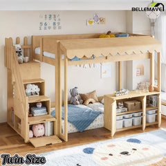 twin kids loft bed with storage and play area