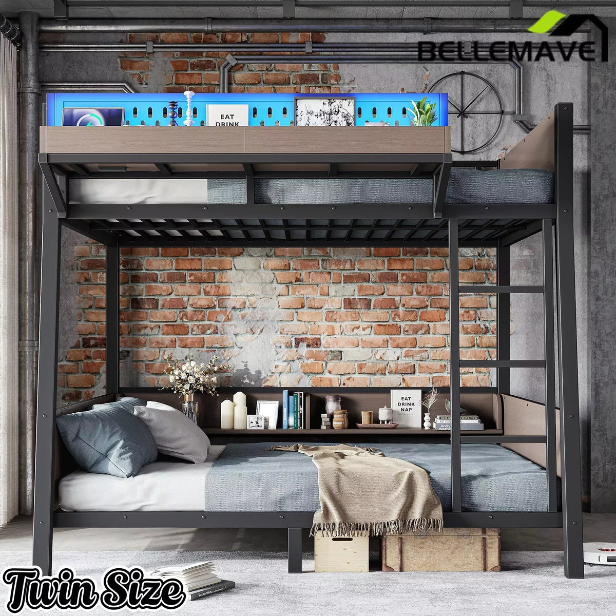 Bellemave® Heavy Duty Metal Bunk Bed Frame with Storage Shelves, LED Lights & USB Ports, Black Bellemave®