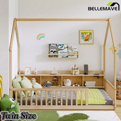 Bellemave® Wood House Floor Bed with Storage Shelves,Built-in LED Lights & Charging Station, Montessori Bed with Rails, No slats Bellemave®