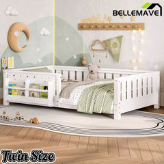 Bellemave® Kids Montessori Floor Bed with Safety Guardrails, Built-in Bookcase & Wooden Slats — Twin, Full, Queen Sizes Bellemave®