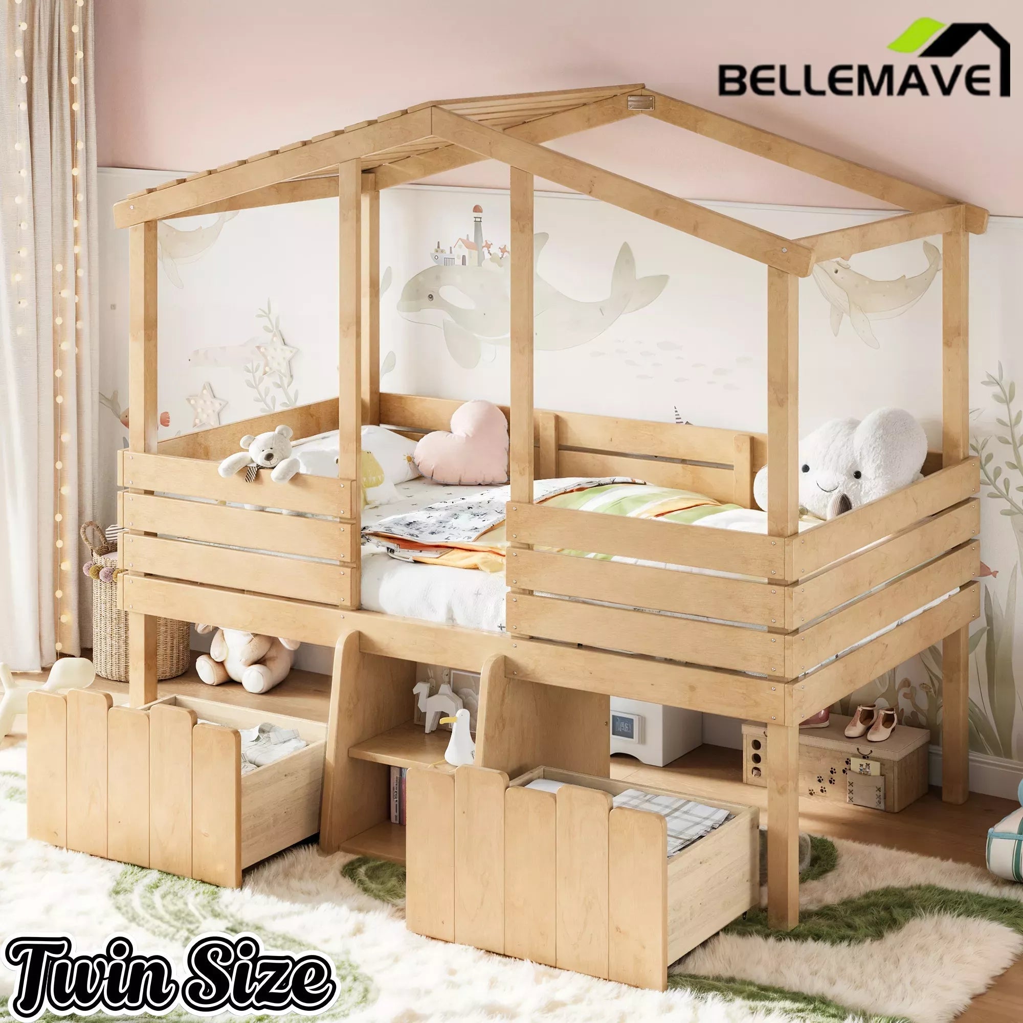 Bellemave® House Bed with Stairs & Storage Drawers for Kids, Wood Low Loft Bed Frame, House-shaped Roof, Childlike Design, Farmhouse Style Bellemave®
