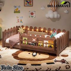 Bellemave® Floor Bed with Rails & Slats, Montessori Floor Bed with Bookshelf, Fence & Lights, Low Profile Montessori Beds Frame for Girls, Boys Bellemave®