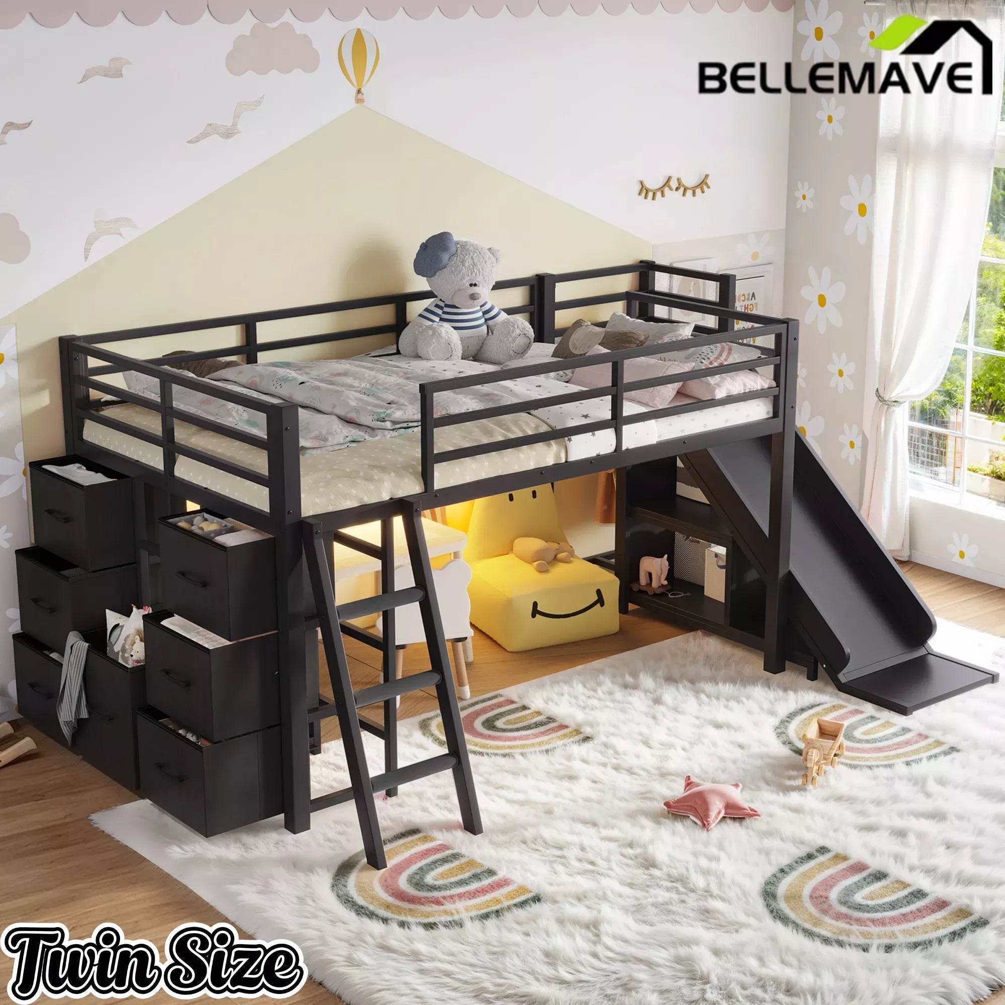 Bellemave® Twin Metal Loft Bed with Slide, 7 Drawers & LED Lights — Storage Shelves & Hanging Area for Kids Bellemave®