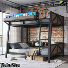 Bellemave® Heavy Duty Metal Bunk Bed Frame with Storage Shelves, LED Lights & USB Ports, Black Bellemave®