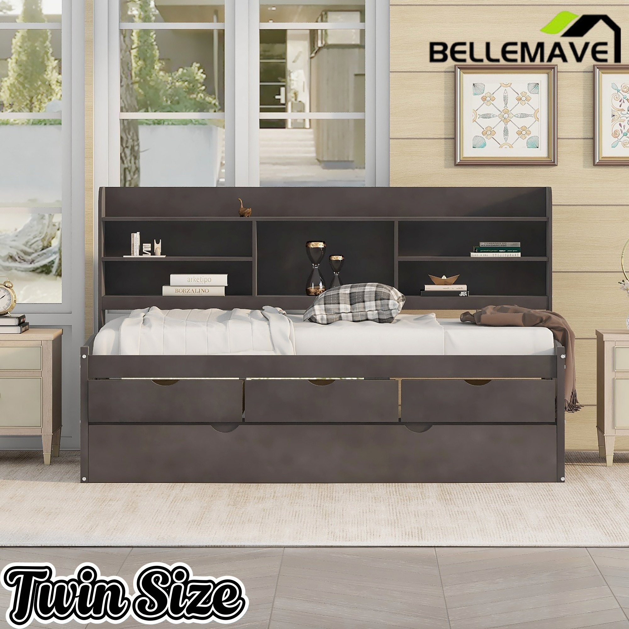 Bellemave Full Size Captain Bed, Full Beds with Trundle & Storage Drawers, Wood Daybed Frame with Bookcase Headboard & Slats Support for Kids Teens, Antique Brown Bellemave