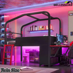 Bellemave® Gaming Bed with Side Desk & LED Lights, Metal Loft Bed with Storage Cabinets, USB Ports & Canopy Design for Kids Teens Bellemave®