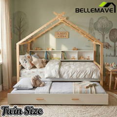 Bellemave® Kids House Bed with Trundle & Wood Storage, Low Bed Frames for Boys & Girls, White Bellemave®