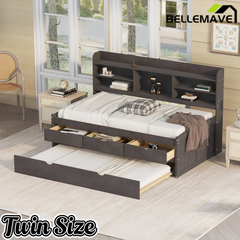 Bellemave Full Size Captain Bed, Full Beds with Trundle & Storage Drawers, Wood Daybed Frame with Bookcase Headboard & Slats Support for Kids Teens, Antique Brown Bellemave