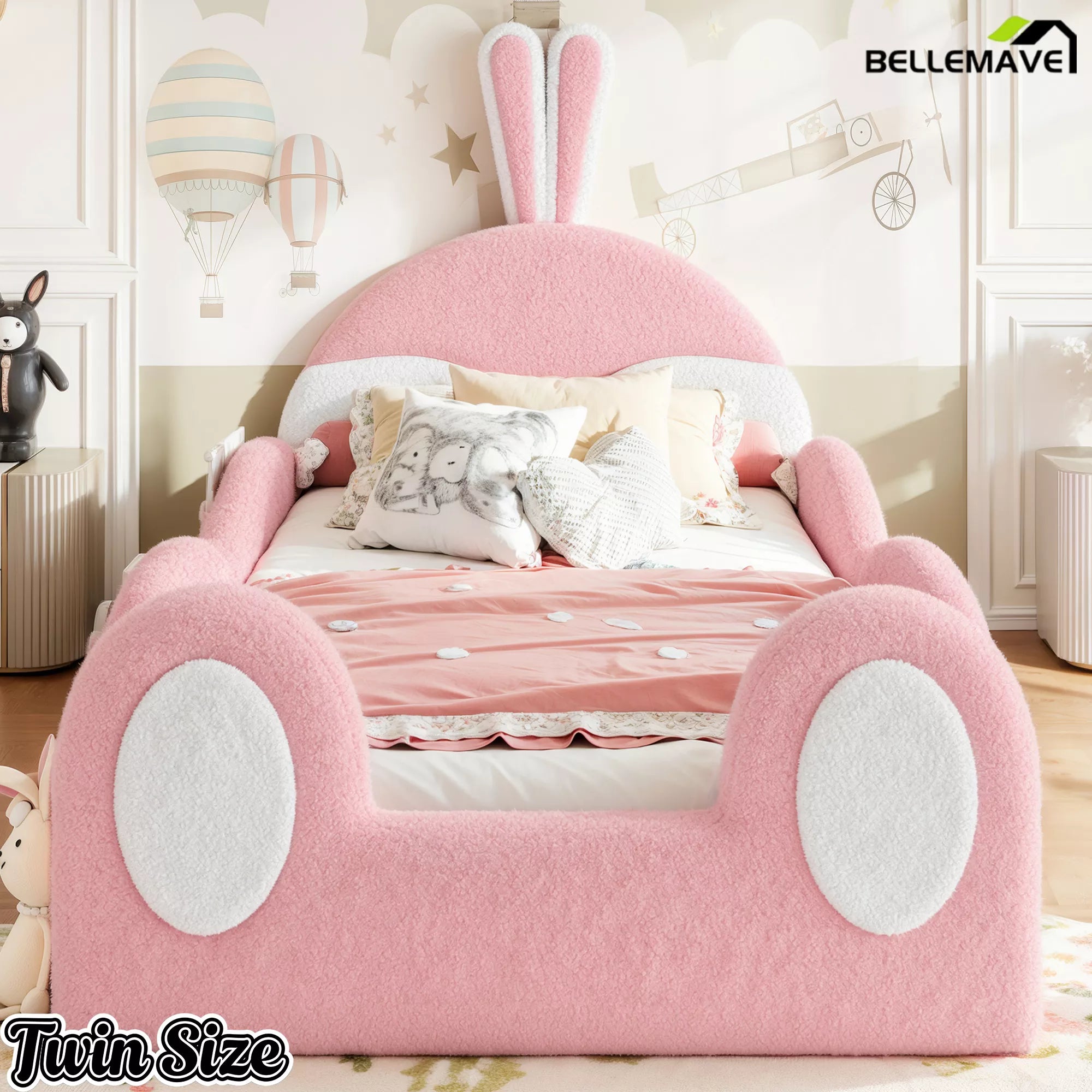 Twin size rabbit headboard kids platform bed front view