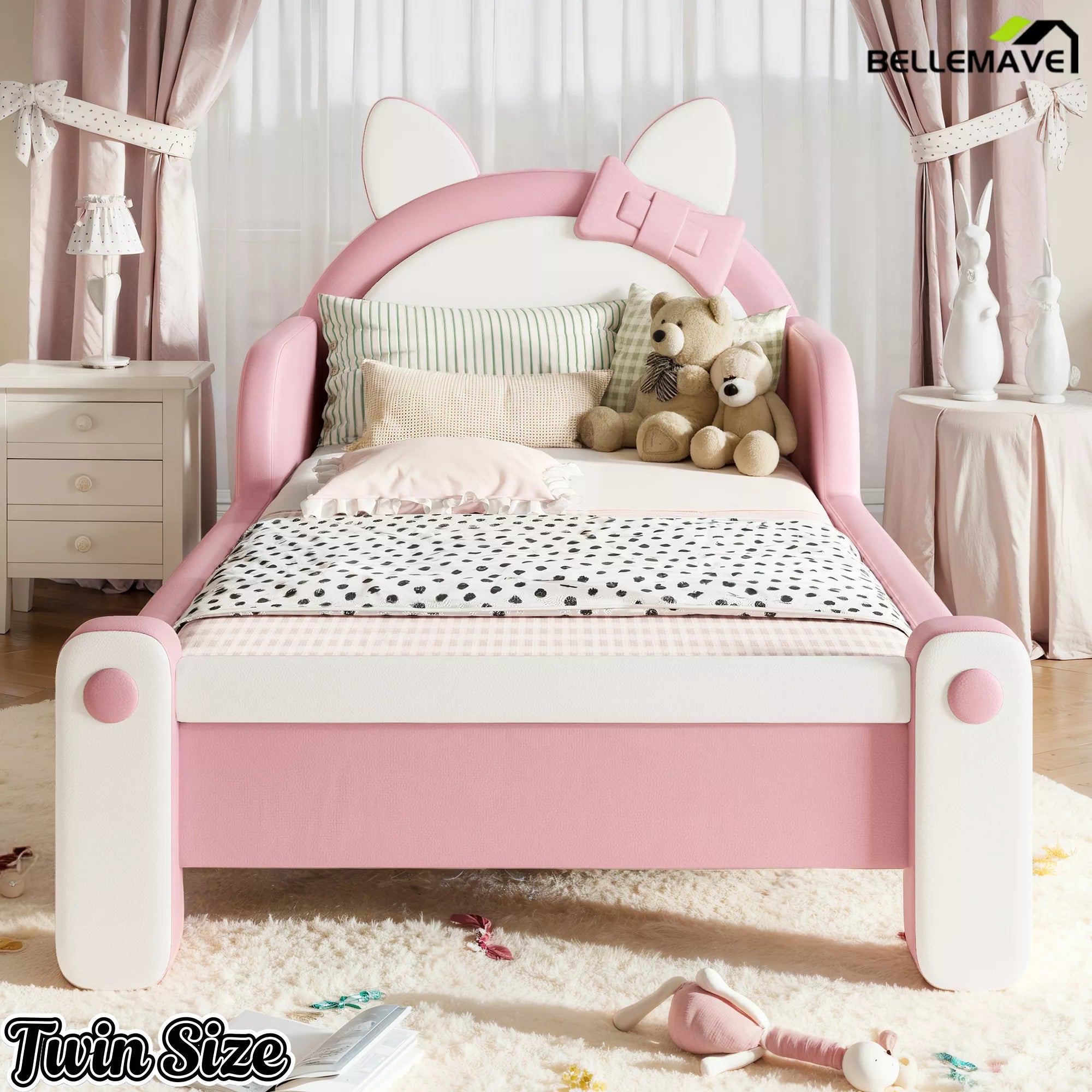 Twin Size Pink Upholstered Kids Platform Bed