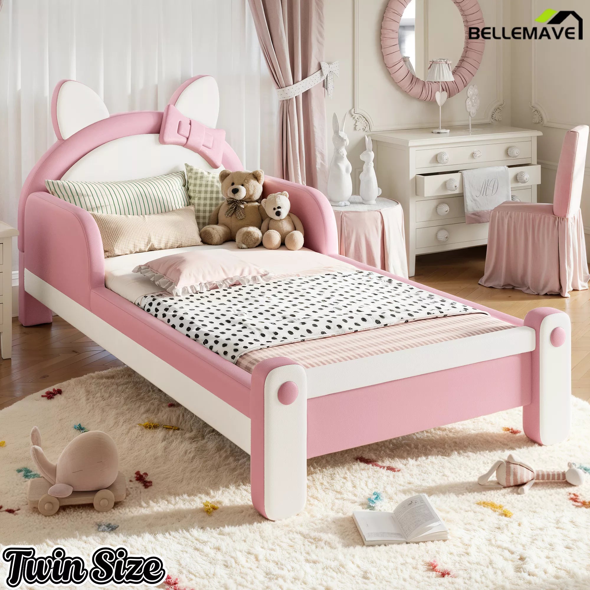 Twin Size Cat Shaped Upholstered Platform Bed in Bedroom