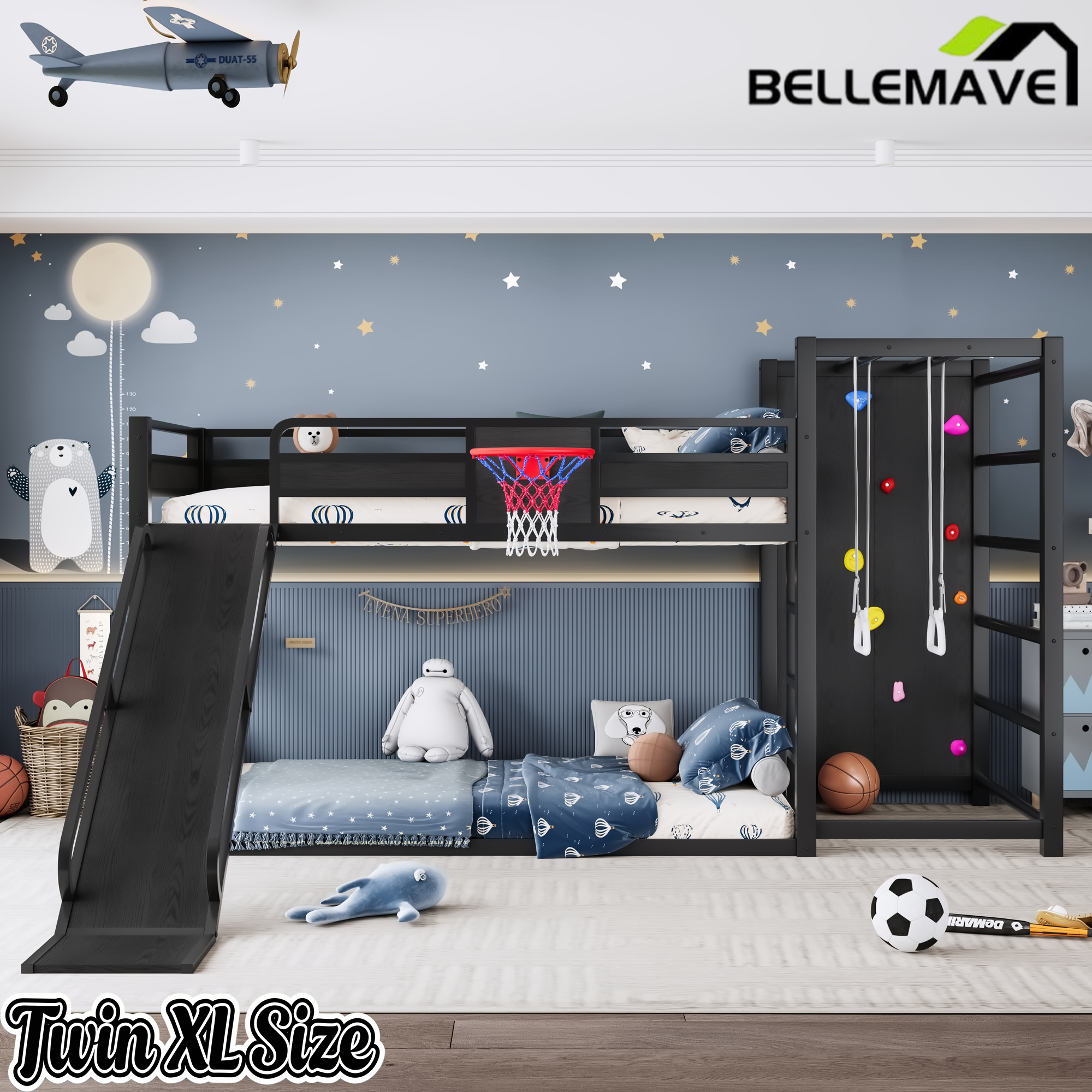 Bellemave® Kids Metal Twin/Full Bunk Bed with Slide, Basketball Hoop and Climbing Wall, Space-Saving Play Loft Bed Frame, Black Bellemave®