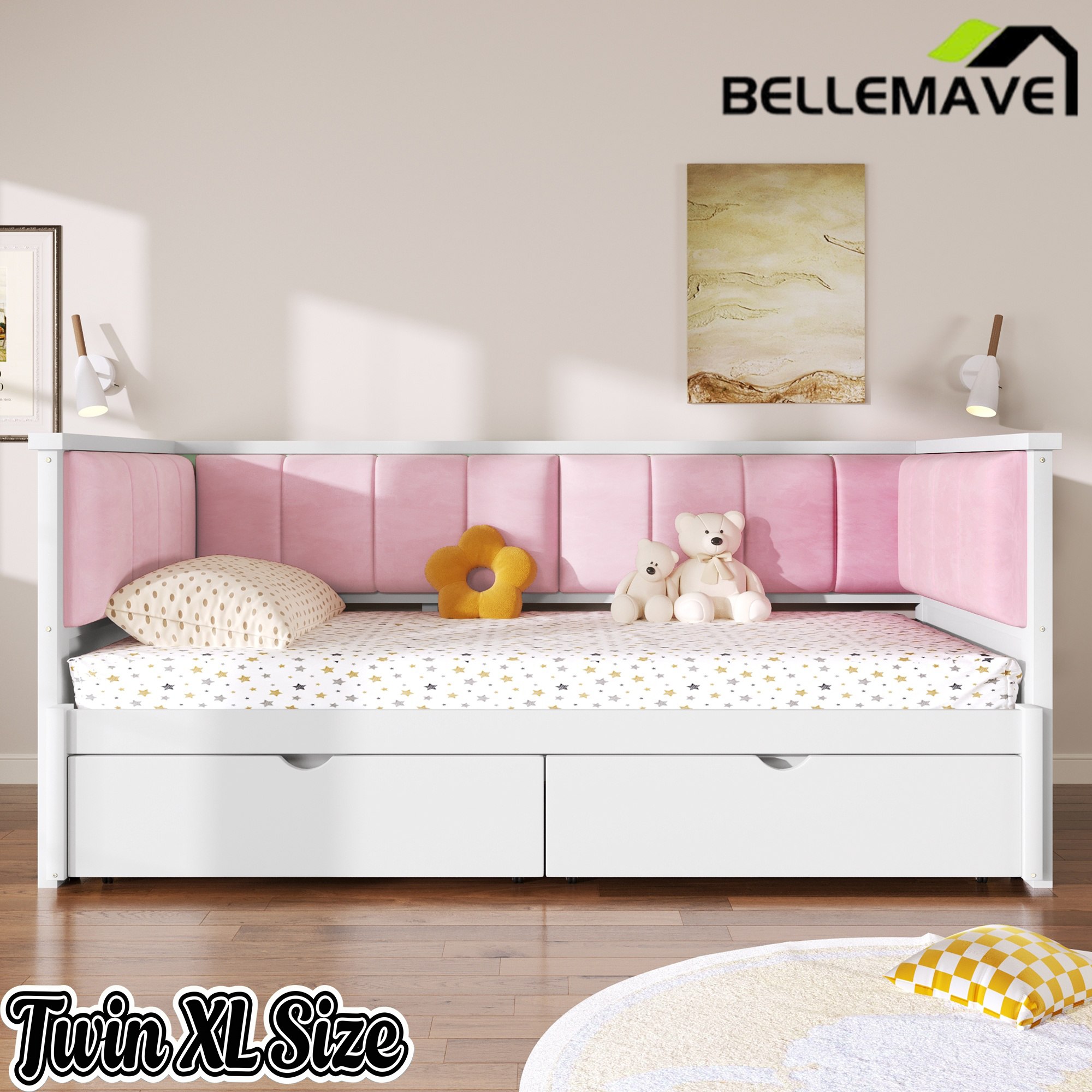 Bellemave® Twin XL to King Size Convertible Daybed with Two Storage Drawers and Upholstered Backrest Bellemave®