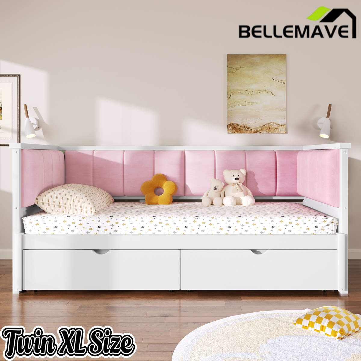 Bellemave® Twin XL to King Size Convertible Daybed with Two Storage Drawers and Upholstered Backrest Bellemave®
