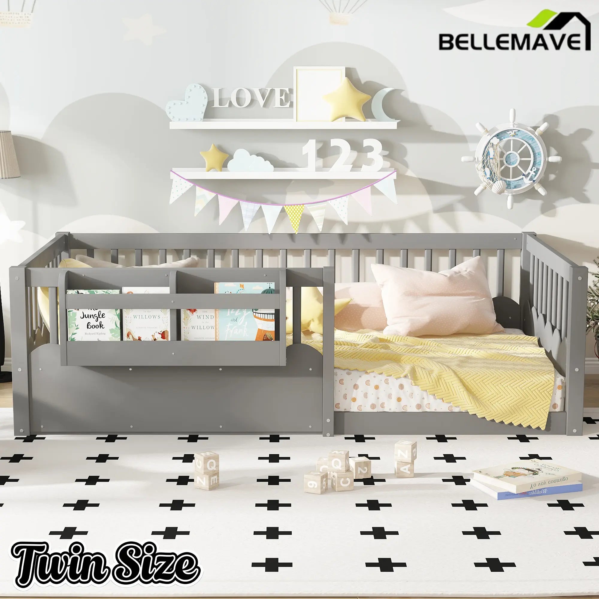 Bellemave® Queen Size Floor Bed for Kids with Heightened Safety Fence & Bookshelf, Low Profile Wood Platform Bed Frame with Storage, White Bellemave®