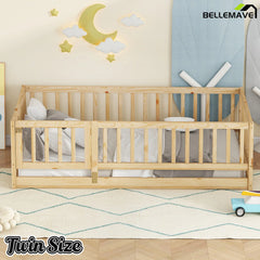 Bellemave® Twin Size Floor Bed Frame with Door and Slats,Wood Kids Montessori Floor Bed with Safety Guardrails Bellemave®